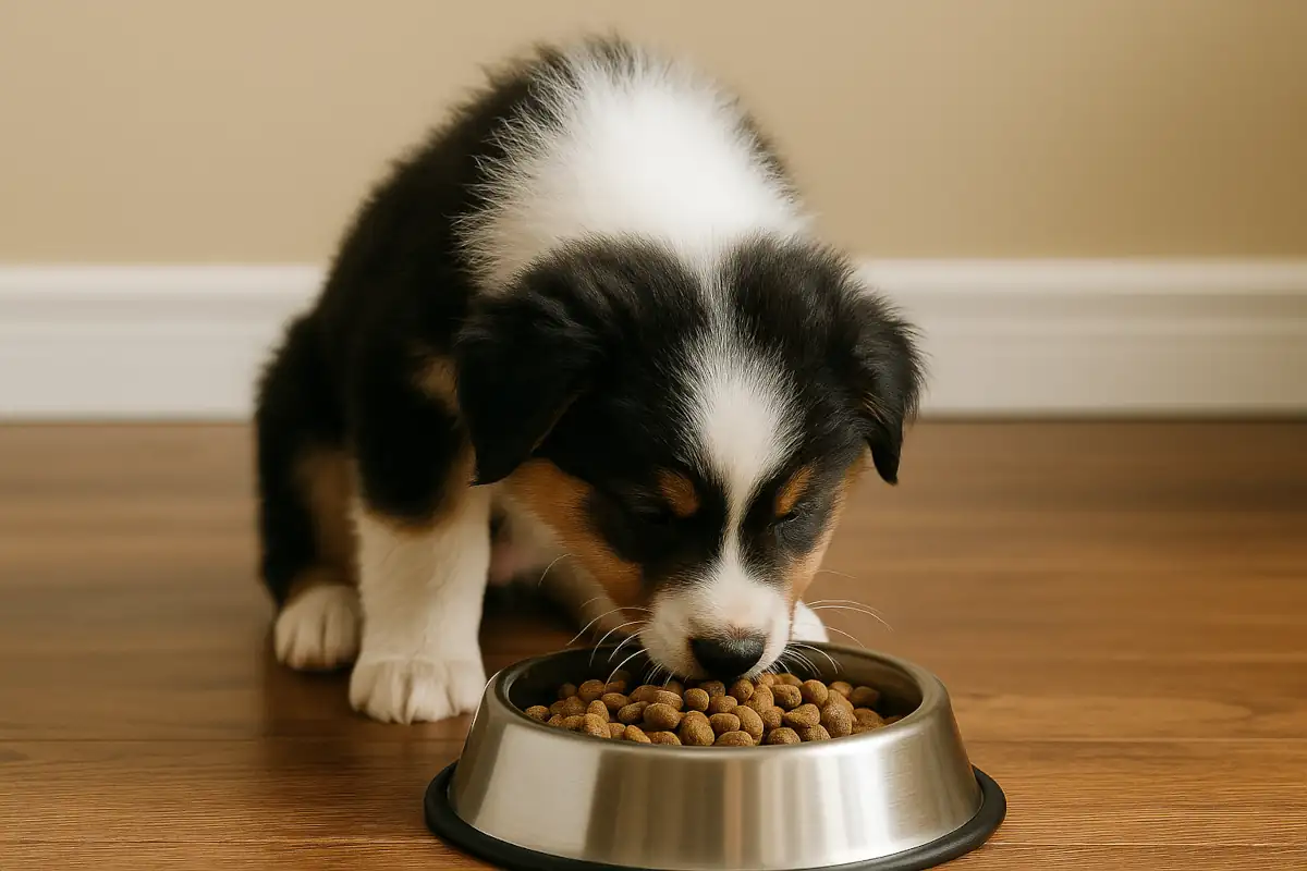 Foto di un cucciolo di Pastore Australiano seduto vicino alla ciotola, usata per introdurre la guida sull’alimentazione nelle prime fasi di vita.