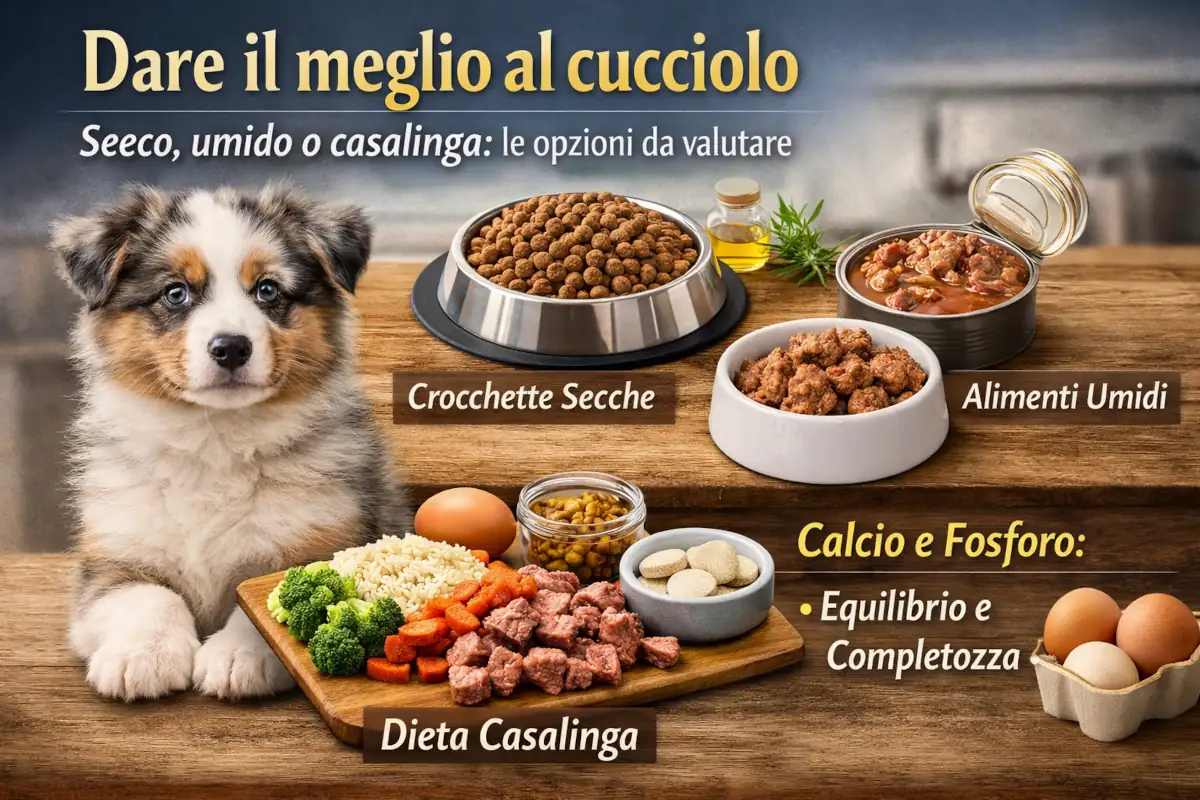 Cucciolo di Pastore Australiano con crocchette, umido e ingredienti per dieta casalinga; focus su completezza e equilibrio calcio-fosforo.