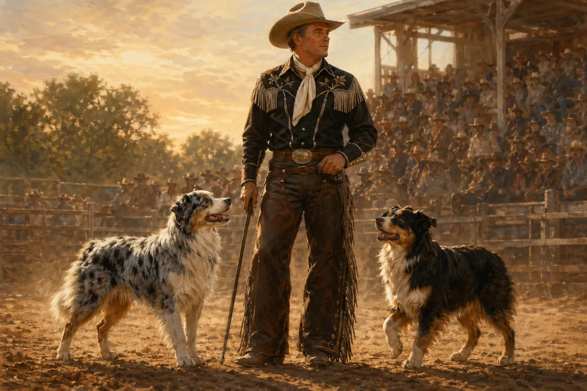 Illustrazione in stile realistico di un uomo in abiti western al centro di un’arena polverosa, affiancato da due Australian Shepherd, davanti a una piccola tribuna di spettatori. L’immagine richiama il momento in cui l’Australian Shepherd esce dal solo mondo del lavoro e diventa anche un cane visto, ammirato e ricordato dal pubblico, in linea con il tema dell’articolo dedicato a Jay Sisler.
