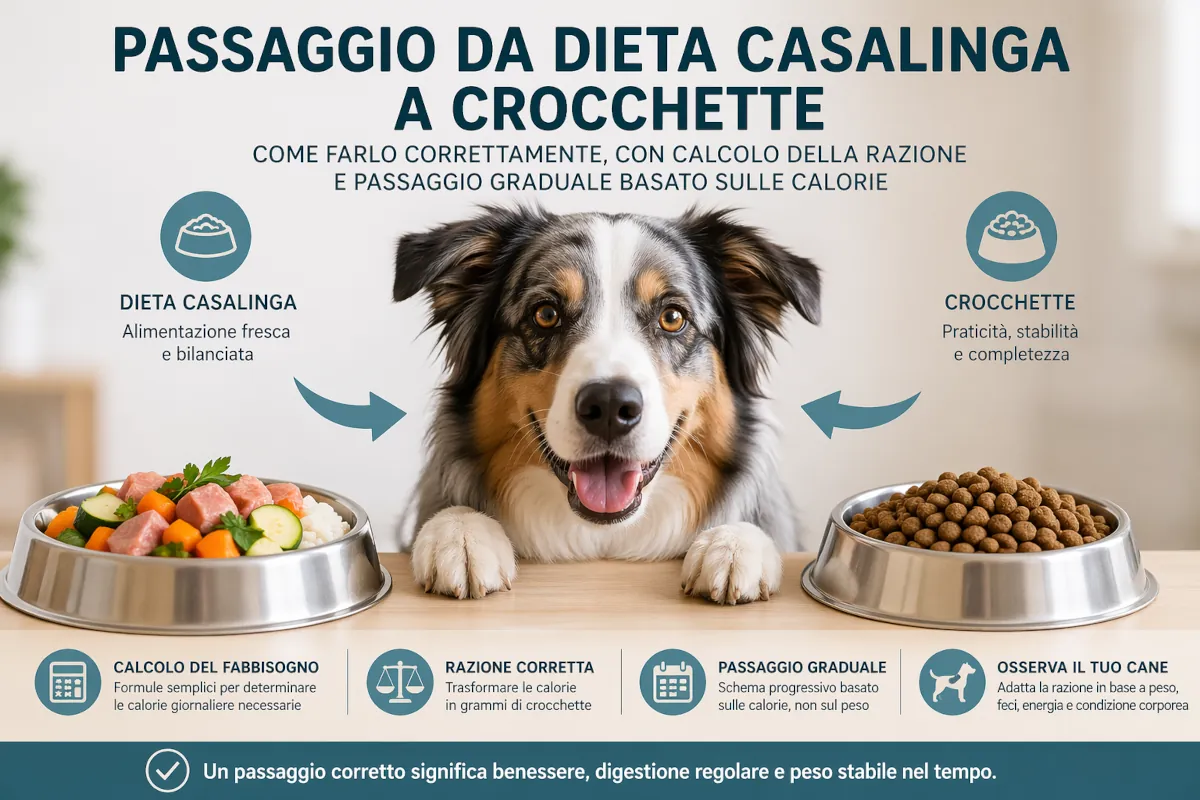 Infografica che illustra il passaggio dalla dieta casalinga alle crocchette nel cane, con un Pastore Australiano al centro e due ciotole: una con alimentazione casalinga e una con crocchette. Sono evidenziati i concetti di calcolo del fabbisogno energetico, conversione in grammi e passaggio graduale basato sulle calorie.