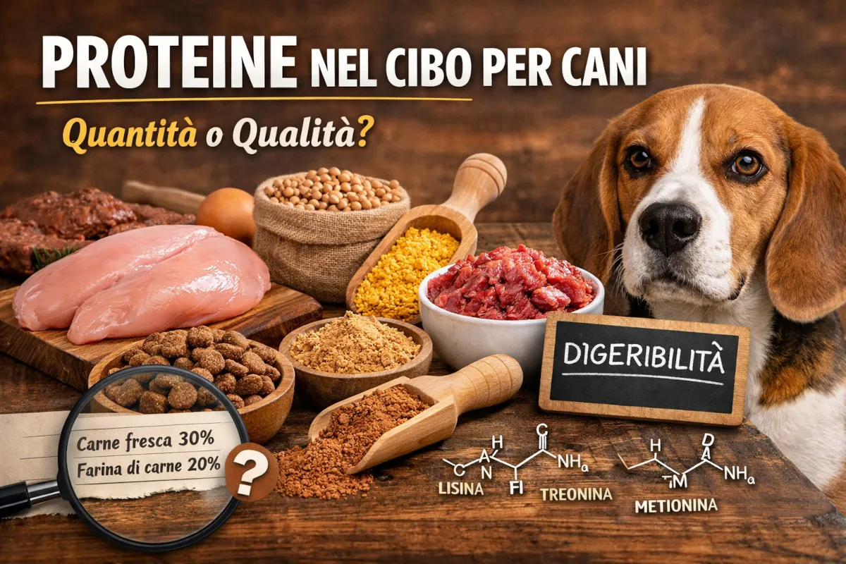 Composizione visiva di diverse fonti proteiche per cani, tra cui carne fresca, crocchette, farine animali e proteine vegetali, affiancate da un cane e riferimenti alla digeribilità e agli amminoacidi essenziali.