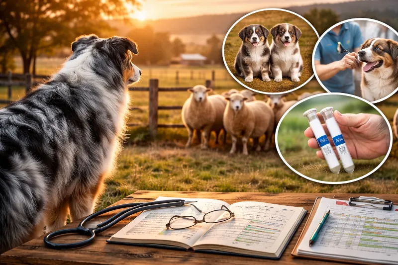 Immagine di un Pastore Australiano in contesto rurale con pecore, affiancato da elementi legati alla selezione come documenti, strumenti veterinari e riferimenti alla genetica, a rappresentare il processo di allevamento e le scelte responsabili.