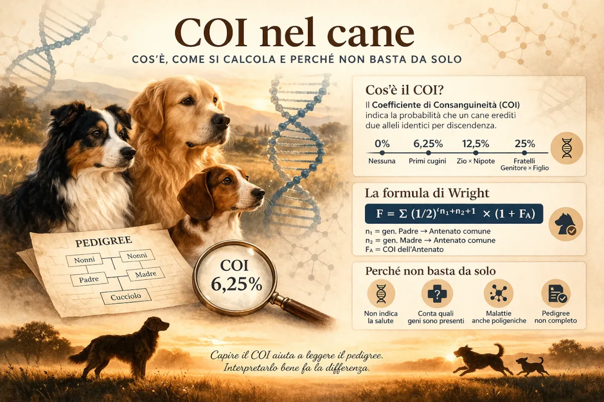 Immagine editoriale sul coefficiente di consanguineità (COI) nel cane, con rappresentazione di un pedigree, calcolo del COI e presenza di un cane, a supporto della comprensione della genetica e della selezione.