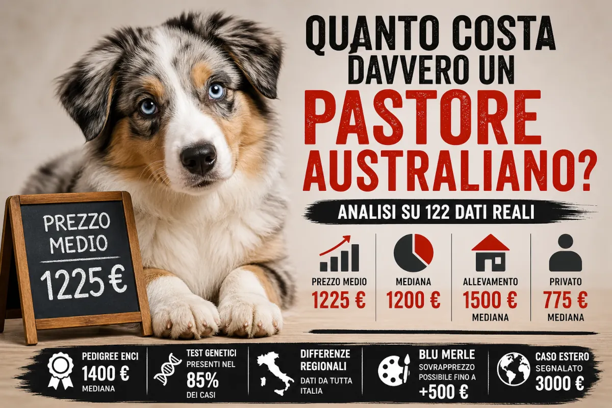 Infografica che rappresenta il prezzo medio del Pastore Australiano basata su 122 casi reali. L’immagine mostra un cucciolo di Australian Shepherd affiancato da dati sintetici su prezzo medio, mediana, differenze tra allevamento e privati, presenza di test genetici, variabilità regionale e casi estremi come acquisti all’estero o sovrapprezzo per il mantello blu merle.