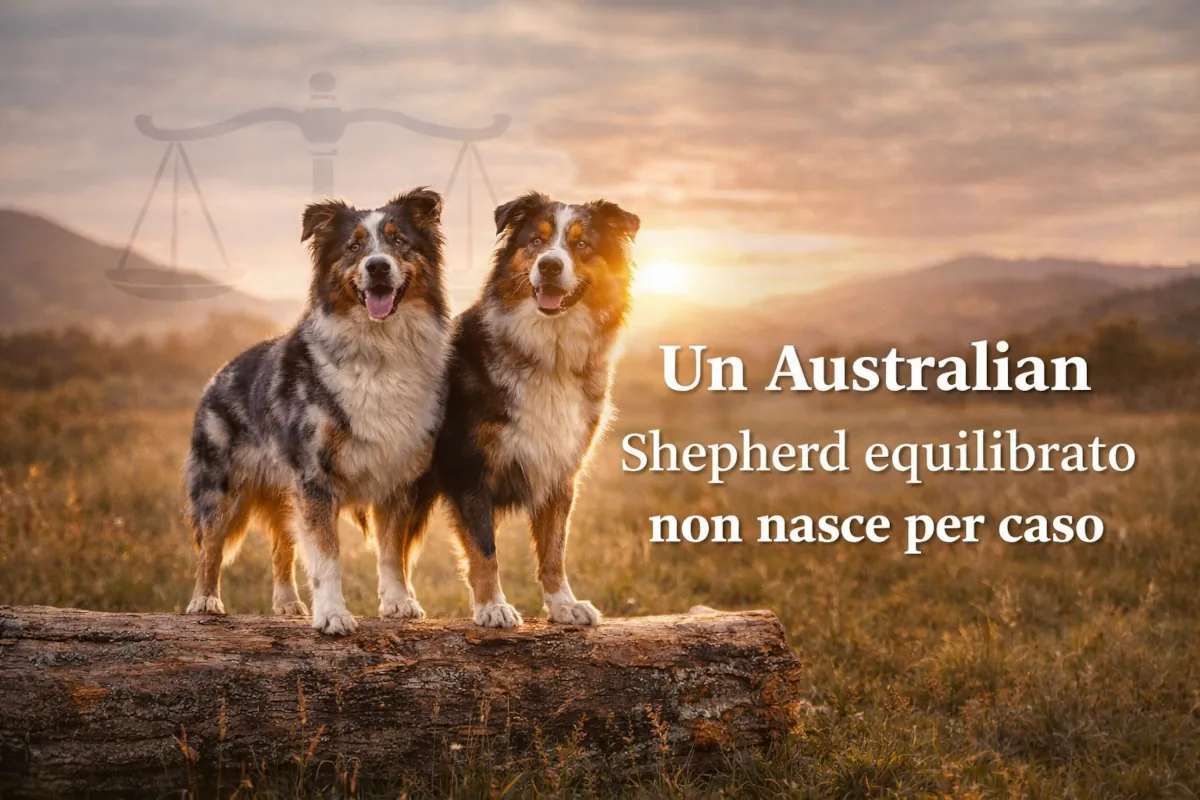 Due Australian Shepherd adulti in un contesto naturale al tramonto. L’immagine rappresenta l’equilibrio comportamentale della razza, risultato di genetica, esperienze e capacità di adattamento nella vita quotidiana.