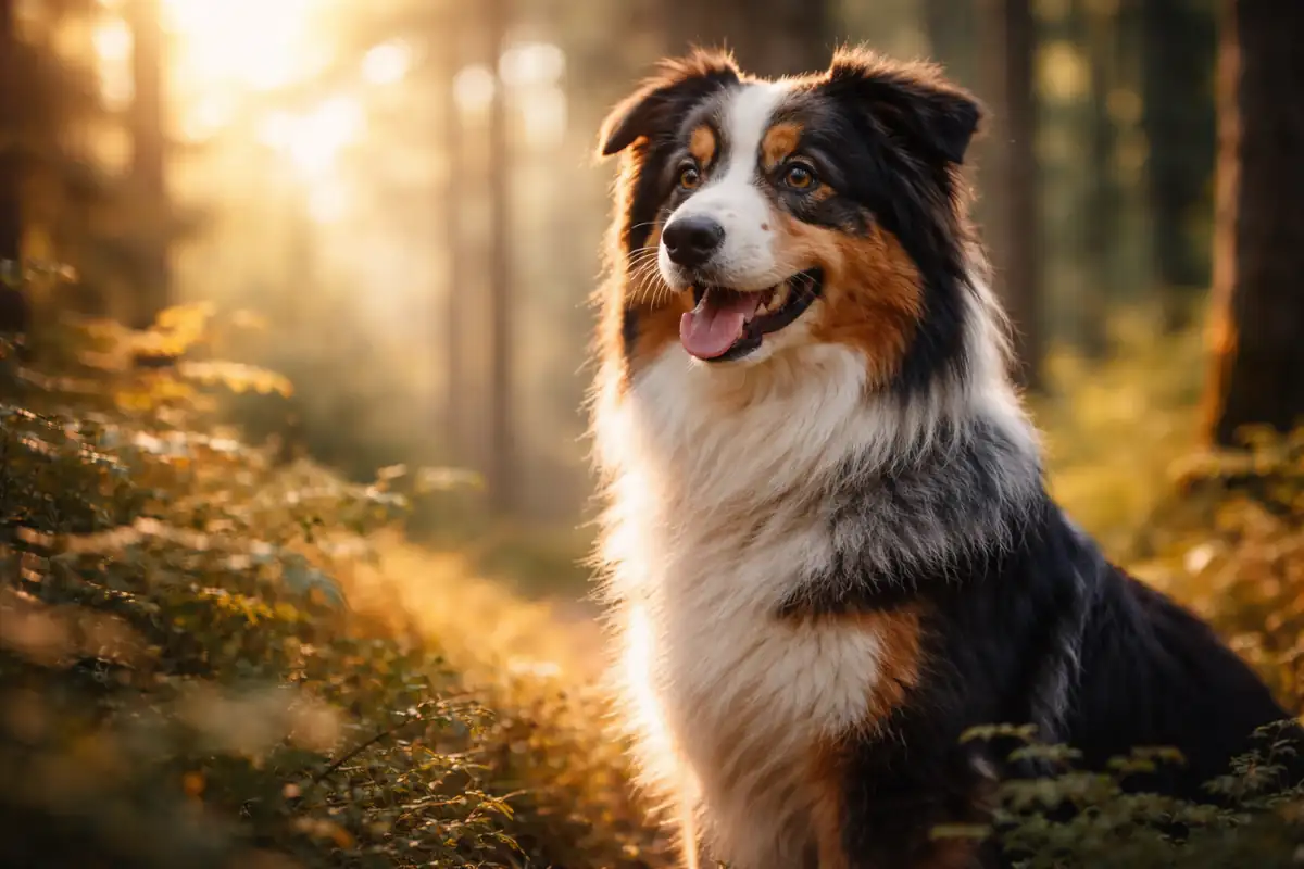 Australian Shepherd tricolore seduto in una foresta, con il pelo brillante sotto la luce del tramonto. Il cane ha un atteggiamento concentrato e riservato.