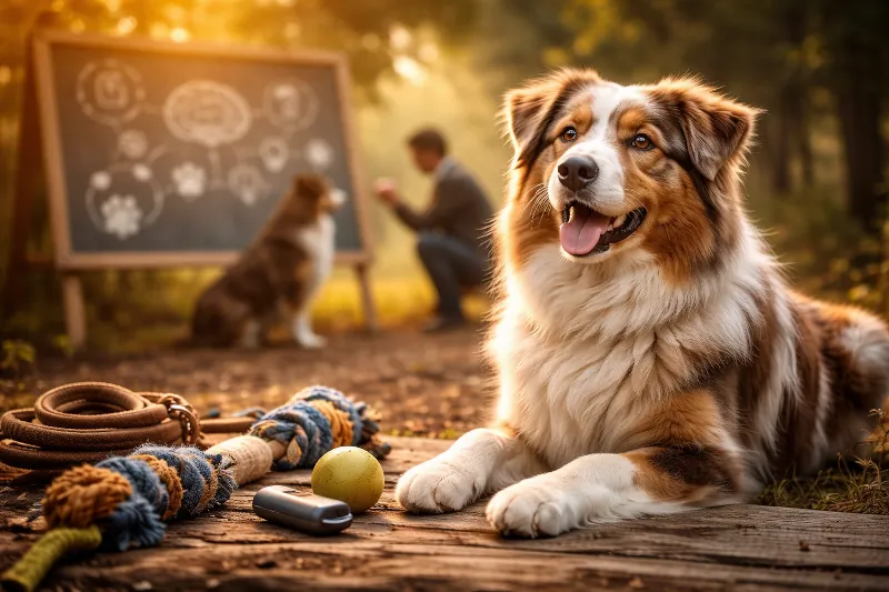 Immagine di un Pastore Australiano red merle in un contesto naturale, con elementi legati all’interazione e all’apprendimento, che rappresentano il comportamento, la sensibilità e le capacità cognitive della razza.