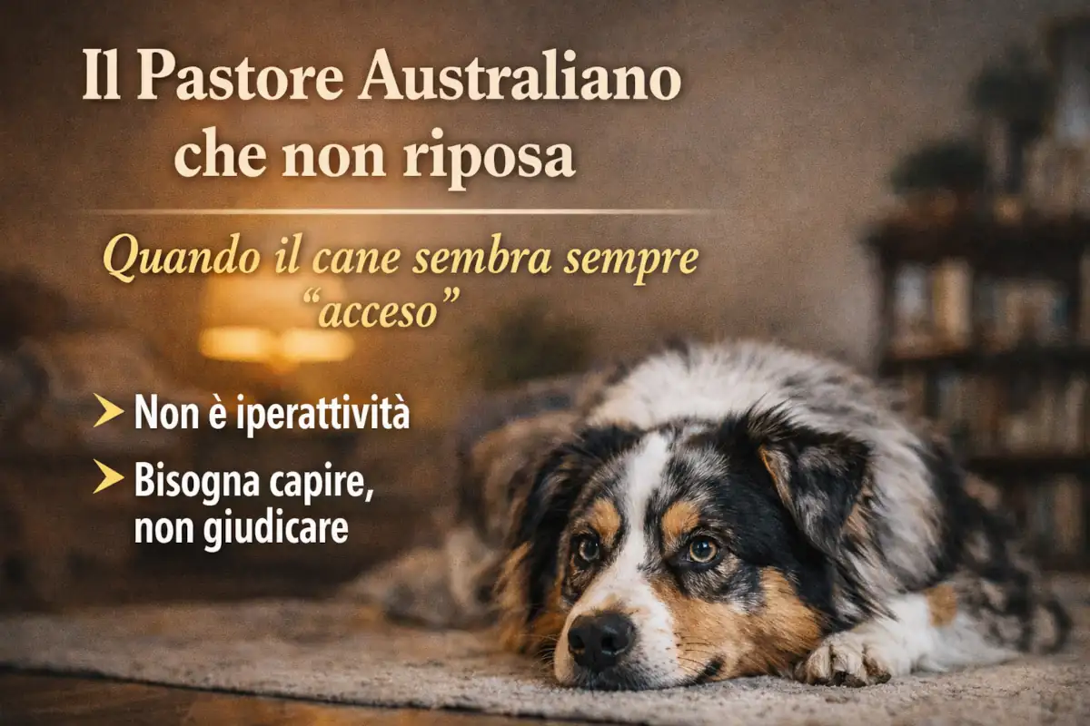 Immagine di un Pastore Australiano sdraiato in casa, apparentemente a riposo ma con uno sguardo vigile, rappresentazione realistica della difficoltà di alcuni Aussie a rilassarsi completamente nella vita quotidiana.