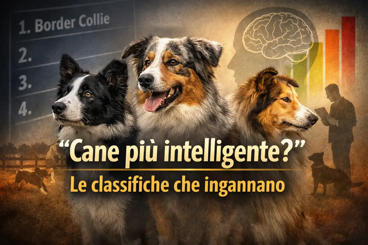 Un’immagine concettuale che mette in discussione l’idea di una classifica assoluta dell’intelligenza canina. Border Collie, Pastore Australiano e Rough Collie rappresentano i cani da conduzione, mentre elementi grafici richiamano il confronto tra obbedienza, autonomia decisionale e selezione funzionale, temi centrali dell’articolo.