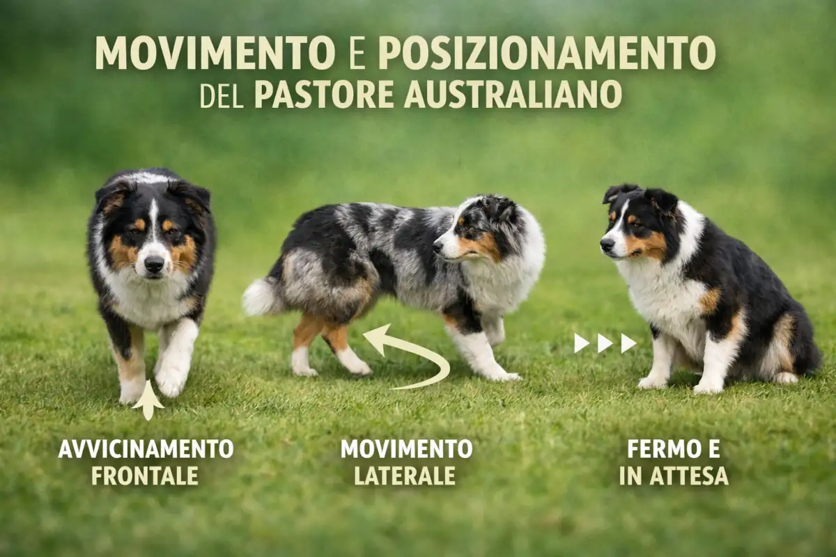 Immagine illustrativa dedicata alla prima scheda sulla comunicazione del Pastore Australiano. Sono rappresentate tre situazioni tipiche di movimento e posizionamento: avanzamento frontale, spostamento laterale e postura ferma in attesa, per evidenziare come il cane utilizzi lo spazio come forma di comunicazione.