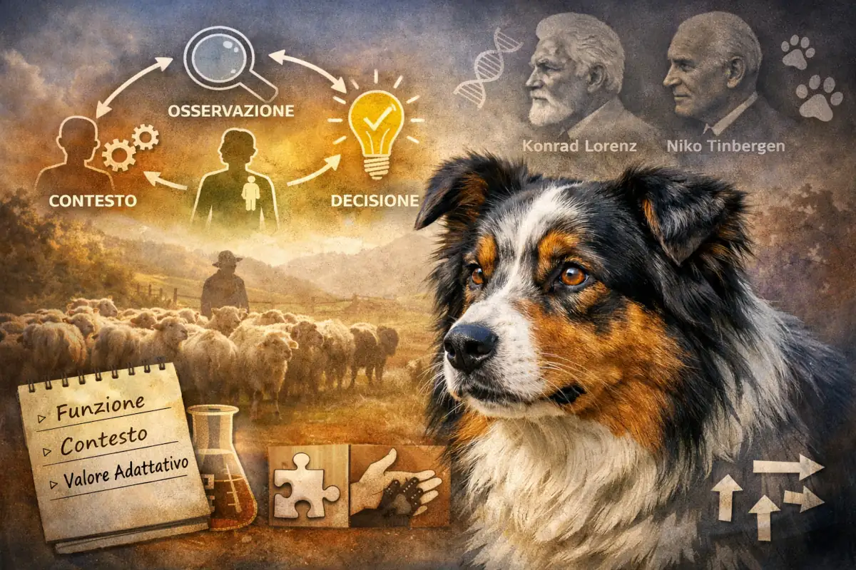 Illustrazione concettuale che rappresenta il Pastore Australiano mentre osserva il contesto ambientale e umano prima di prendere una decisione. L’immagine richiama i principi dell’etologia classica e della cognizione canina: funzione del comportamento, valutazione del contesto e autonomia decisionale, elementi centrali nella selezione storica della razza.