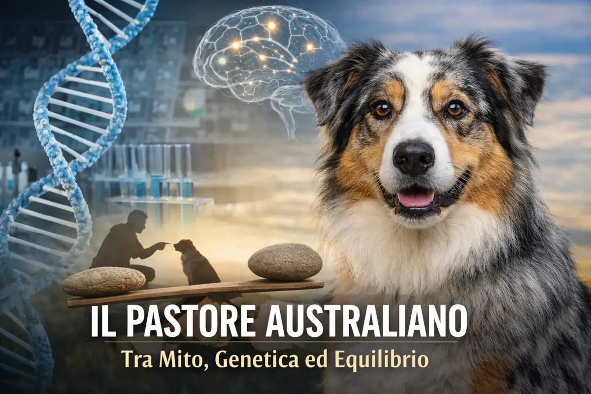 Australian Shepherd in primo piano, simbolo di equilibrio e autoregolazione, con riferimenti visivi a genetica e selezione comportamentale.