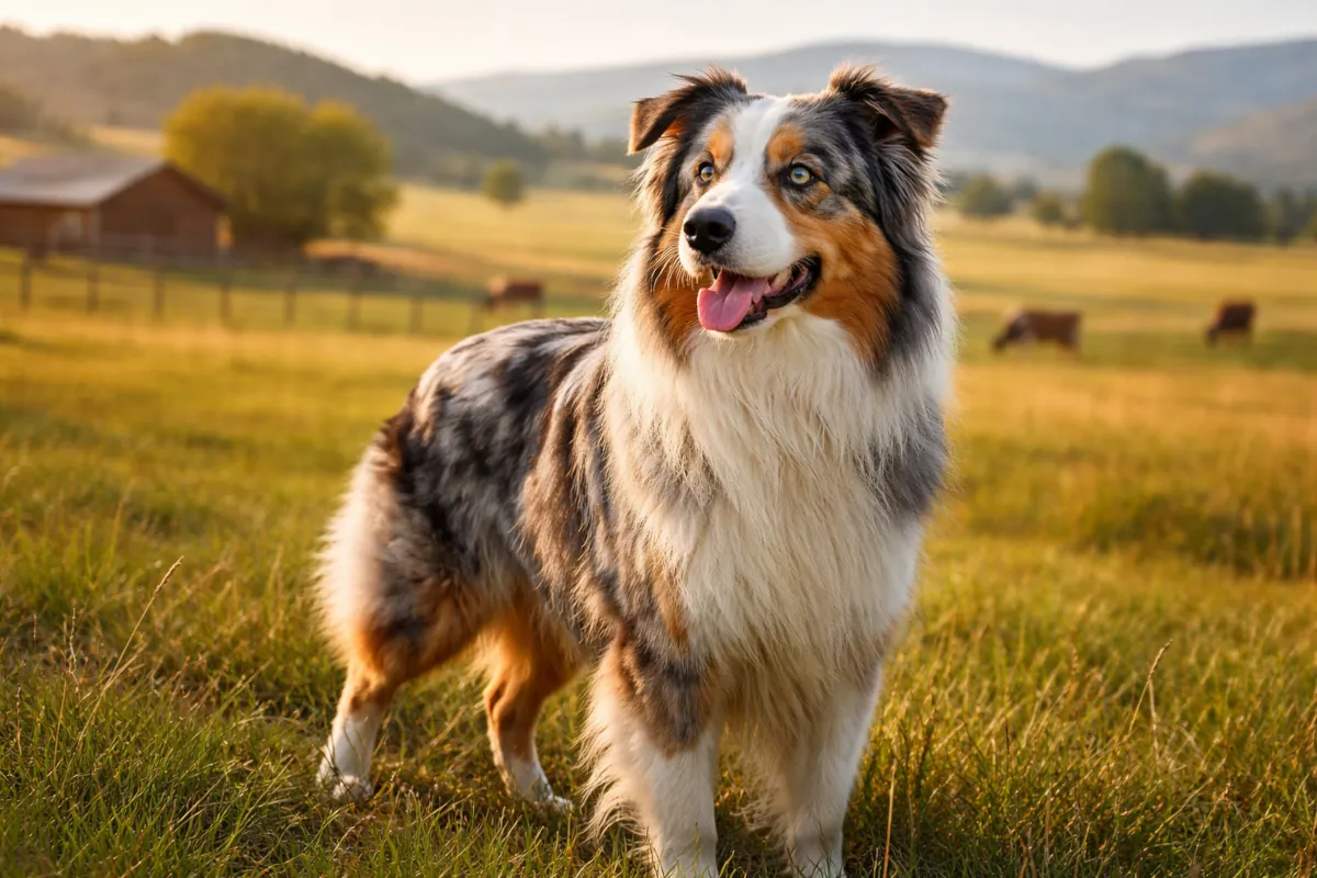 Un Pastore Australiano blue merle in posizione attenta osserva l’ambiente circostante in un paesaggio rurale, con un ranch e del bestiame sullo sfondo. La scena richiama il contesto di lavoro per cui la razza è stata selezionata, evidenziandone attenzione, intelligenza e capacità di controllo.