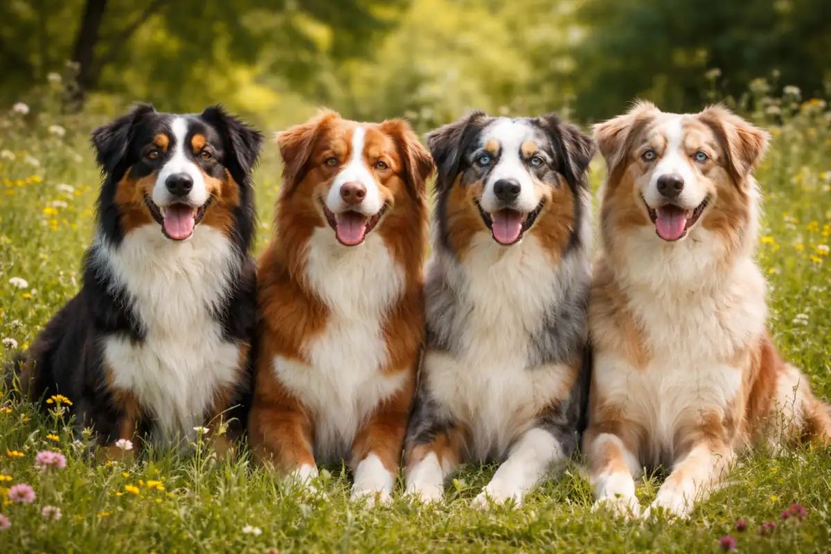 Quattro Pastori Australiani che mostrano i quattro colori di base riconosciuti dallo standard della razza: black, red, blue merle e red merle.