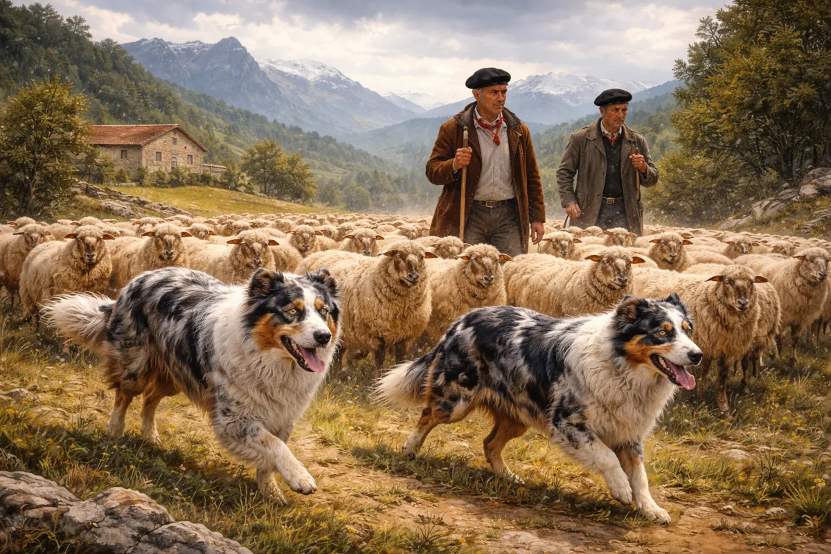 Illustrazione realistica che rappresenta due pastori baschi mentre guidano un gregge di pecore in un paesaggio montano. In primo piano due Pastori Australiani blue merle aiutano a controllare il movimento del gregge, evocando il legame storico tra tradizioni pastorali europee e lo sviluppo della razza negli Stati Uniti.
