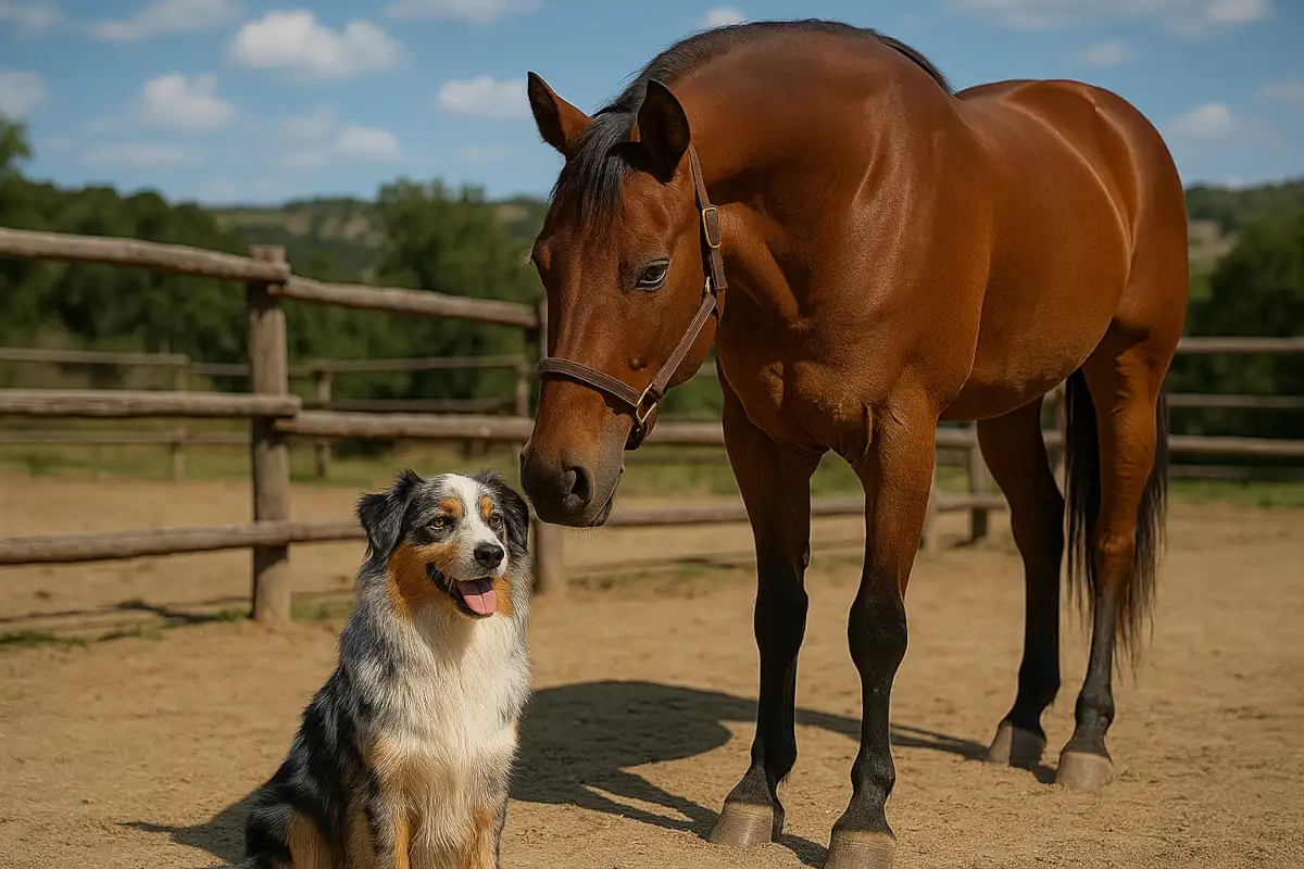 Un Australian Shepherd blue merle seduto accanto a un Quarter Horse in un maneggio recintato, con colline verdi sullo sfondo. L’immagine richiama il legame storico tra i primi Aussie arrivati in Italia e il mondo dei cavalli western.