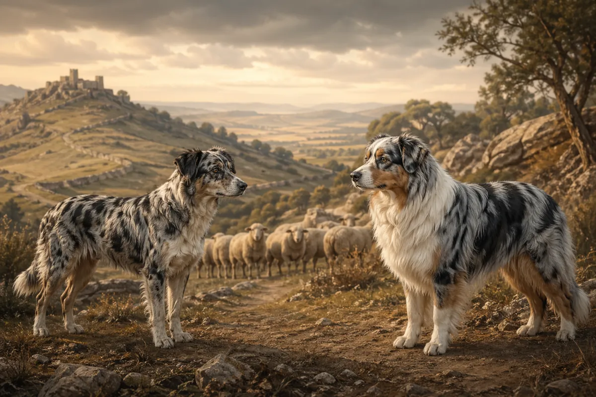 Illustrazione realistica di due cani da pastore in un paesaggio rurale ispirato alla pastorizia spagnola. A sinistra compare un cane rustico di tipo Carea Leonés, più asciutto e sobrio; a destra un Australian Shepherd dal mantello più ricco. Sullo sfondo si vedono pecore, colline e un antico percorso pastorale, a richiamare il tema dell’articolo: il possibile legame storico tra i cani da pastore spagnoli e alcune linee antiche dell’Australian Shepherd.