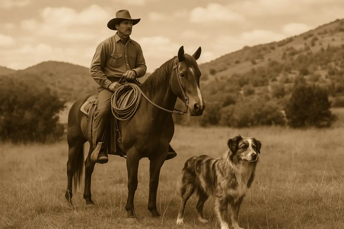 Cowboy a cavallo affiancato da un cane tipo Australian Shepherd in un paesaggio rurale americano.