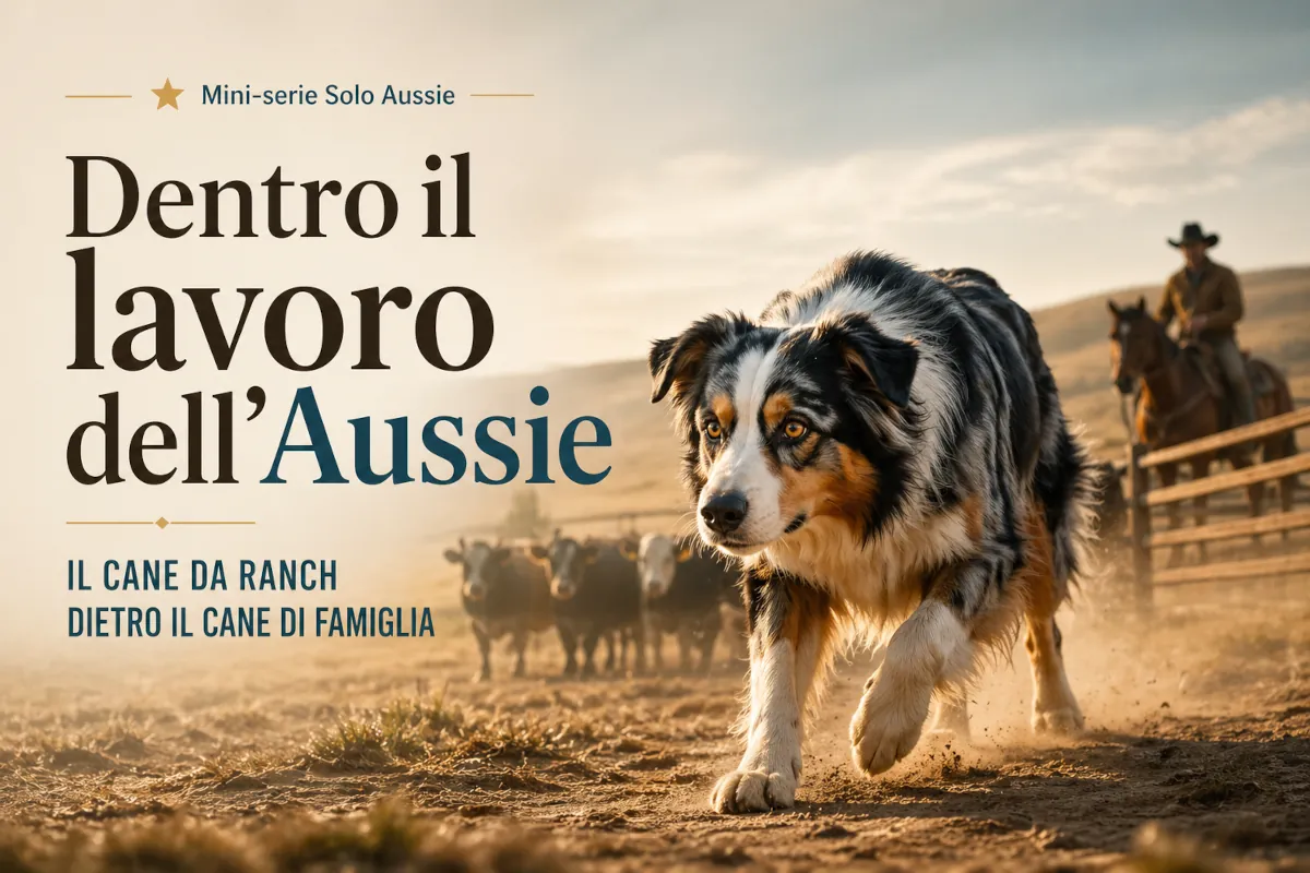 Immagine editoriale dedicata alla mini-serie sul Pastore Australiano da lavoro. Un Australian Shepherd è raffigurato in movimento in un contesto da ranch, con bestiame, recinti, polvere e un cavaliere sullo sfondo. La composizione richiama il legame tra il Working Aussie, il lavoro sul bestiame e i tratti che ancora oggi aiutano a leggere il cane di famiglia.