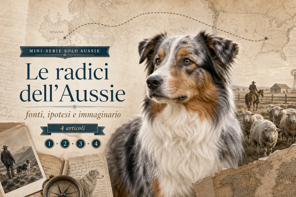 Immagine editoriale in stile storico dedicata alla mini-serie sulle origini del Pastore Australiano. Un Australian Shepherd è raffigurato in primo piano su uno sfondo di mappe antiche, appunti, richiami alla Spagna e agli Stati Uniti, elementi pastorali e simboli di ricerca storica. La composizione richiama il percorso tra fonti, ipotesi e immaginario che accompagna la storia dell’Aussie.