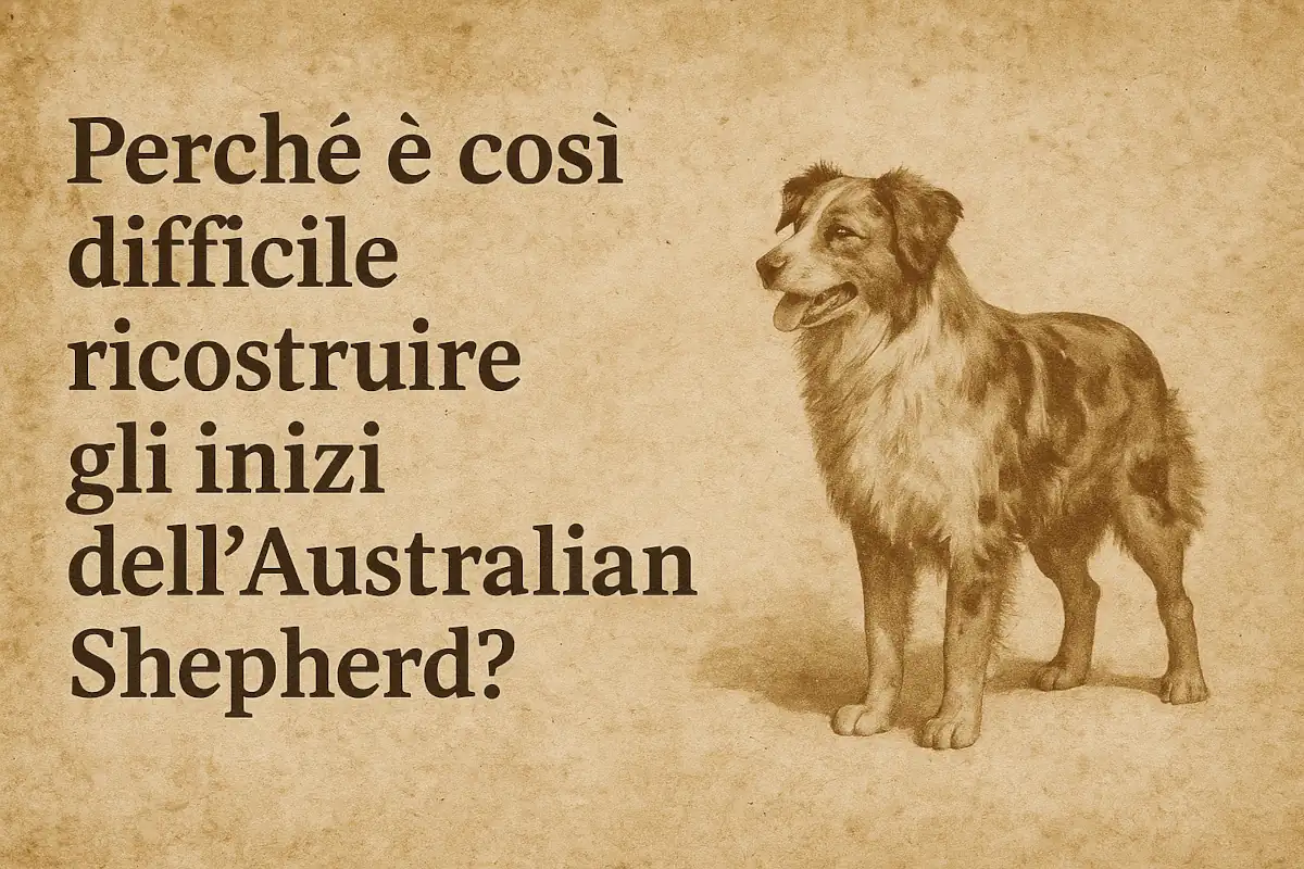 Illustrazione vintage di un cane tipo Australian Shepherd accanto al titolo dell’articolo sulle difficoltà di ricostruire le origini della razza.