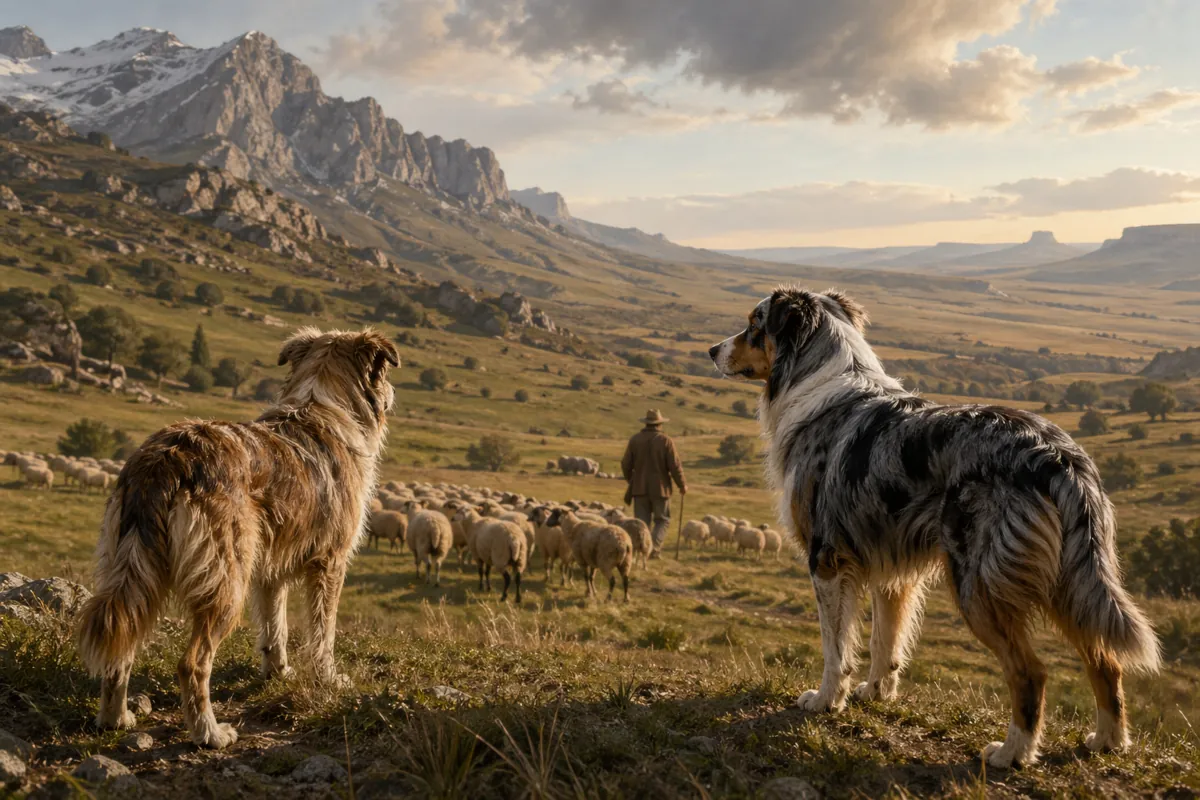 Illustrazione realistica di due cani da pastore osservati di spalle su un’altura erbosa, davanti a un gregge guidato da un pastore in un ampio paesaggio montano e pastorale. L’immagine richiama il tema centrale dell’articolo: le origini discusse dell’Australian Shepherd, tra mondo pastorale, cani da lavoro, memoria di razza e possibili legami con il contesto iberico e pirenaico.