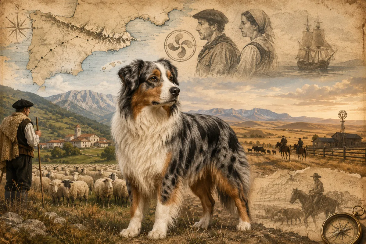Illustrazione in stile archivio storico con un Australian Shepherd blue merle in primo piano. Sullo sfondo compaiono elementi evocativi delle possibili origini della razza: paesaggi pastorali della penisola iberica e dei Pirenei, pastori con greggi, riferimenti al mondo basco, mappe antiche, rotte migratorie e un ranch del West americano.