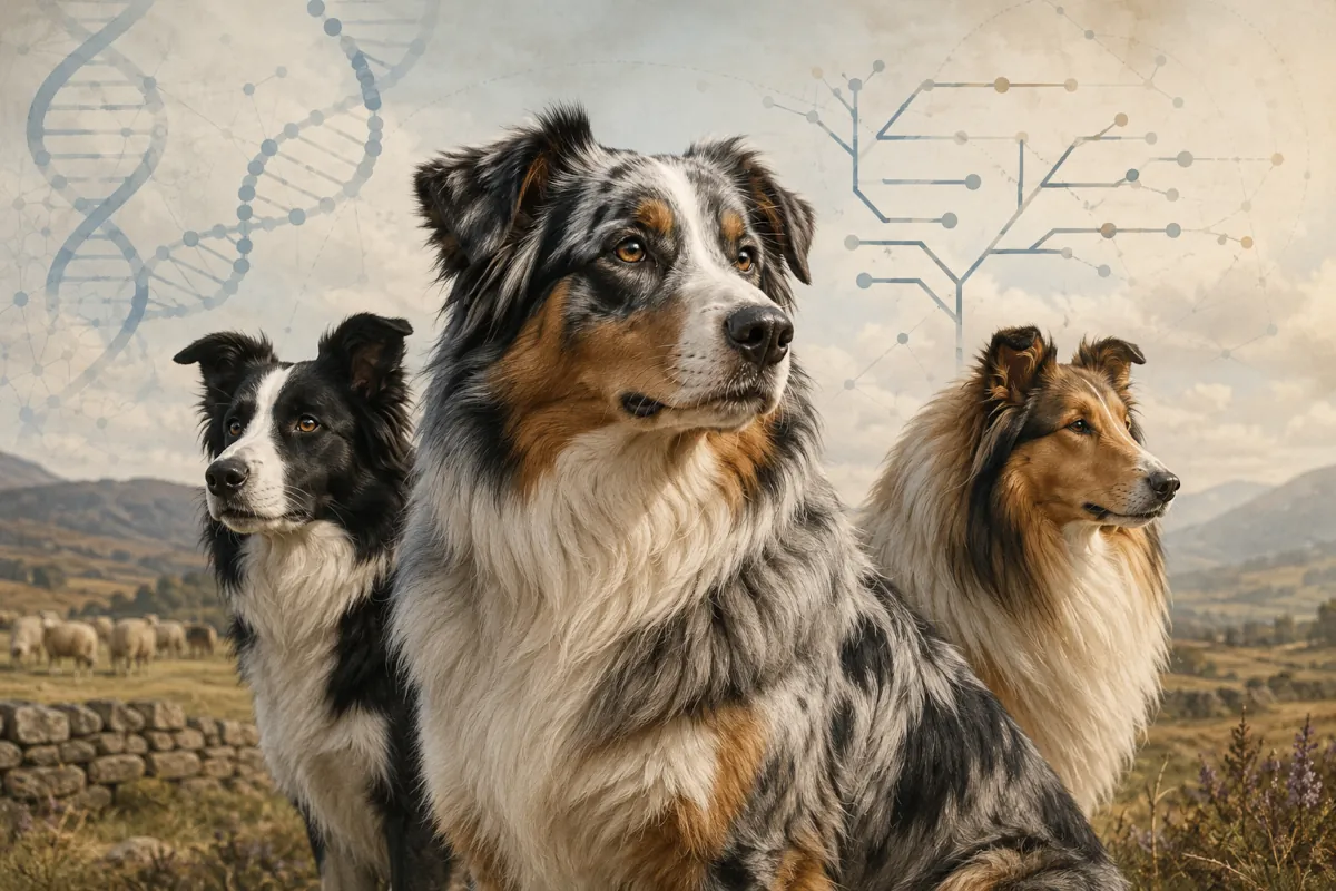 Immagine editoriale che rappresenta il rapporto genetico e storico tra Pastore Australiano, Border Collie e Collie, con richiami visivi alla genetica, ai cladi di razza e al comune patrimonio rurale e pastorale.