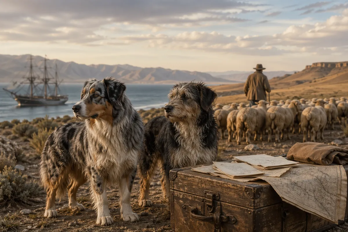Illustrazione realistica di due cani da pastore in primo piano accanto a un vecchio baule con mappe e documenti, mentre sullo sfondo un pastore conduce un gregge in un paesaggio aperto che richiama il passaggio tra il mondo pastorale europeo e il West americano. L’immagine accompagna il tema dell’articolo: le prime importazioni attribuite alla storia dell’Australian Shepherd e il confine, non sempre chiaro, tra memoria di razza e documentazione storica.