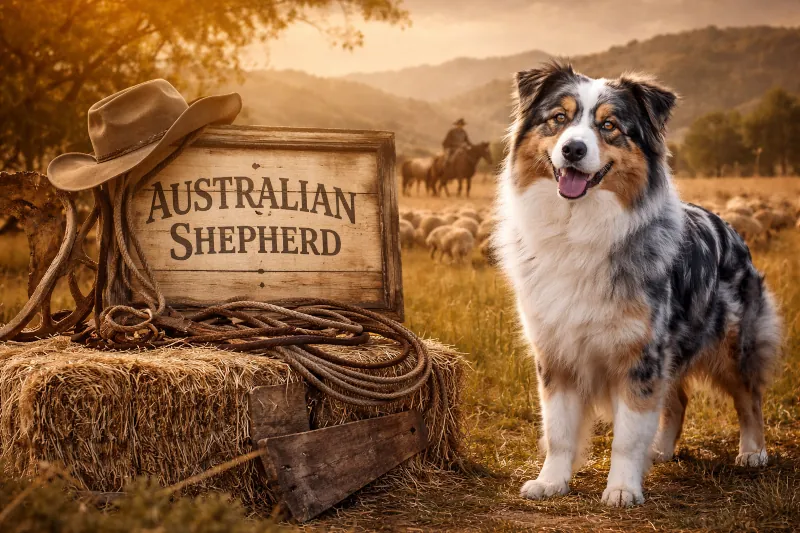 Immagine di un Pastore Australiano in un contesto rurale con elementi legati alla pastorizia, come pecore e cavalli, che richiama le origini e la selezione della razza come cane da lavoro.