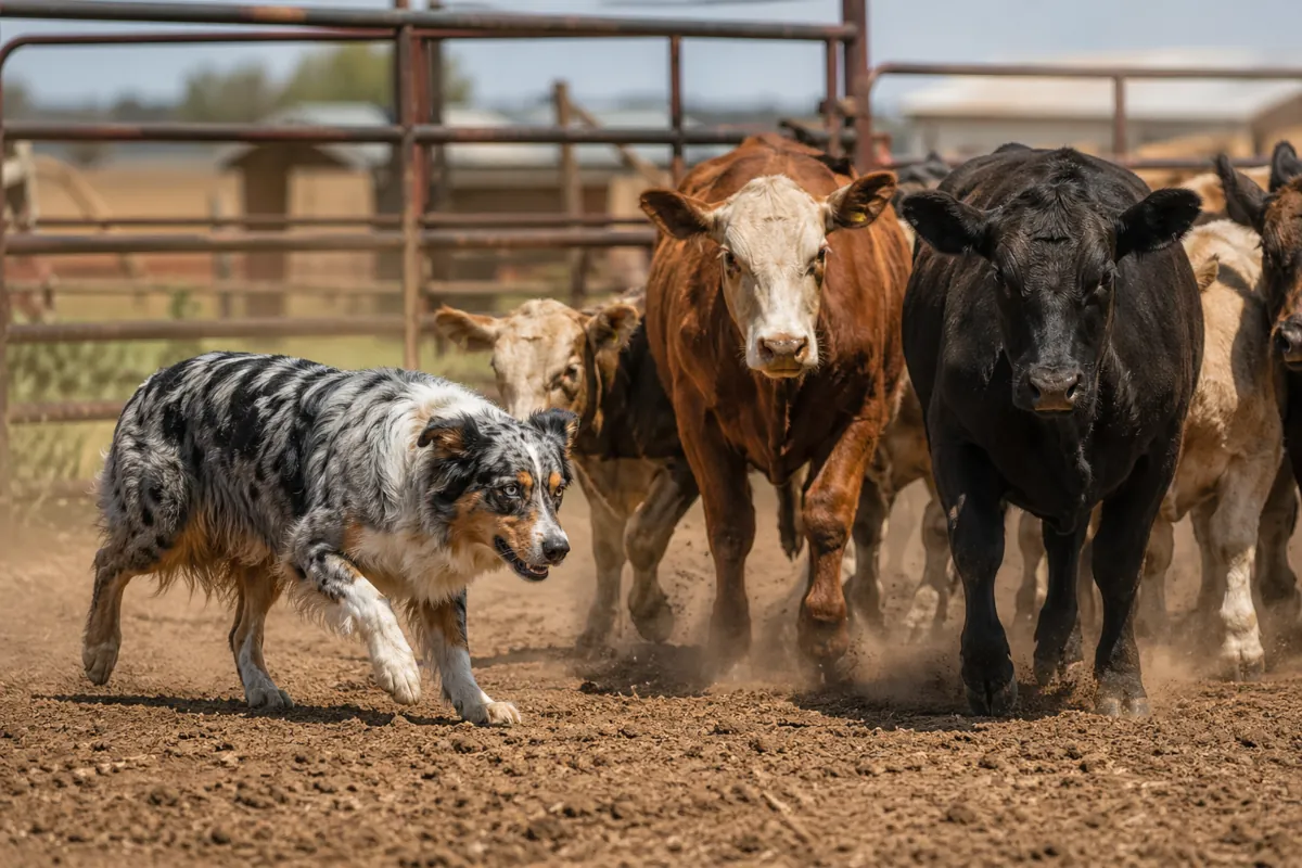 Immagine editoriale dedicata allo stile di lavoro del Working Aussie. Un Australian Shepherd blue merle è raffigurato mentre lavora vicino al bestiame in un recinto da ranch, con postura attenta, corpo basso ma pronto, sguardo concentrato e presenza ravvicinata. La scena richiama lo stile pratico, deciso e versatile dell’Aussie: un cane che non lavora solo con la distanza o con lo sguardo, ma anche con posizione, tempismo, corpo e capacità di entrare nella situazione.
