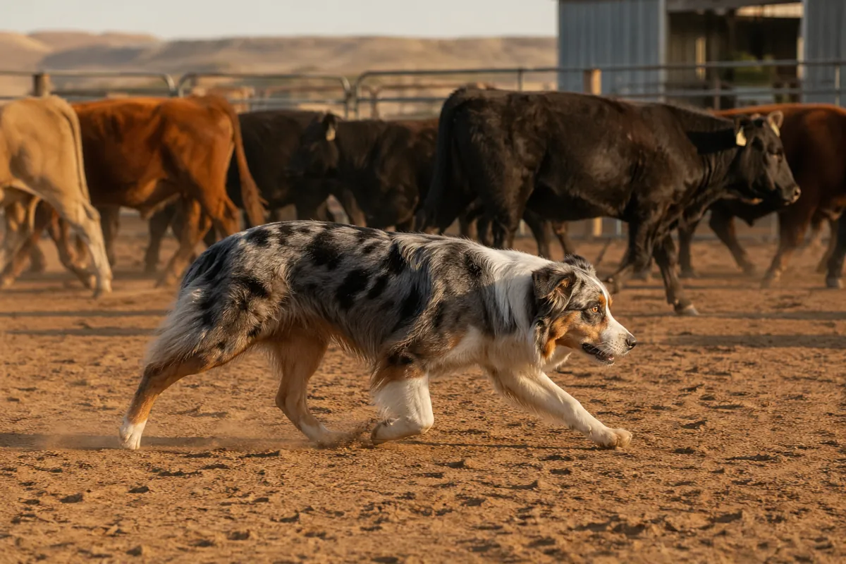 Immagine editoriale dedicata alla struttura e al movimento del Pastore Australiano da lavoro. Un Australian Shepherd blue merle è raffigurato in movimento in un recinto da ranch, vicino al bestiame, con corpo equilibrato, postura funzionale e passo controllato. La scena richiama l’idea di moderazione, agilità, solidità e capacità di adattarsi al lavoro reale.