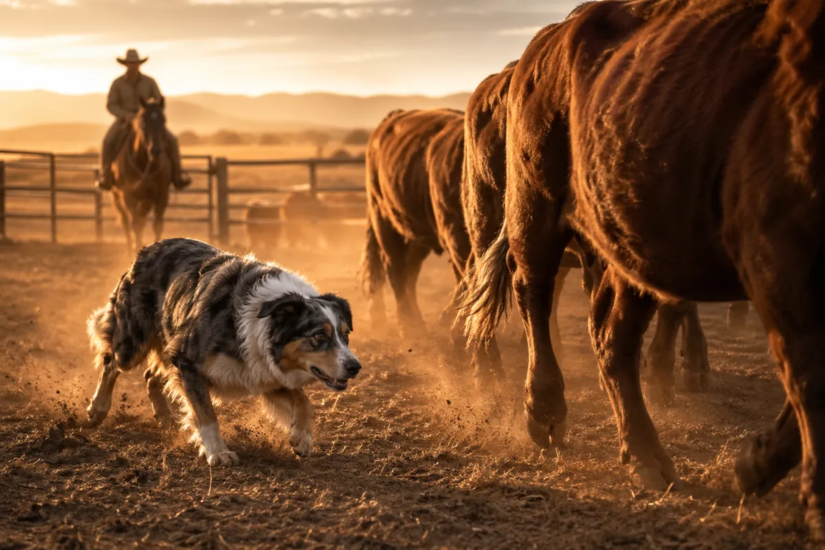Immagine editoriale dedicata al Working Aussie. Un Australian Shepherd è raffigurato mentre lavora vicino al bestiame in un ranch polveroso, con un cavaliere sullo sfondo e recinti illuminati dalla luce calda del tramonto. La scena richiama il Pastore Australiano come cane pratico da ranch, selezionato per versatilità, iniziativa, presenza e capacità di collaborare con l’uomo nella gestione degli animali.