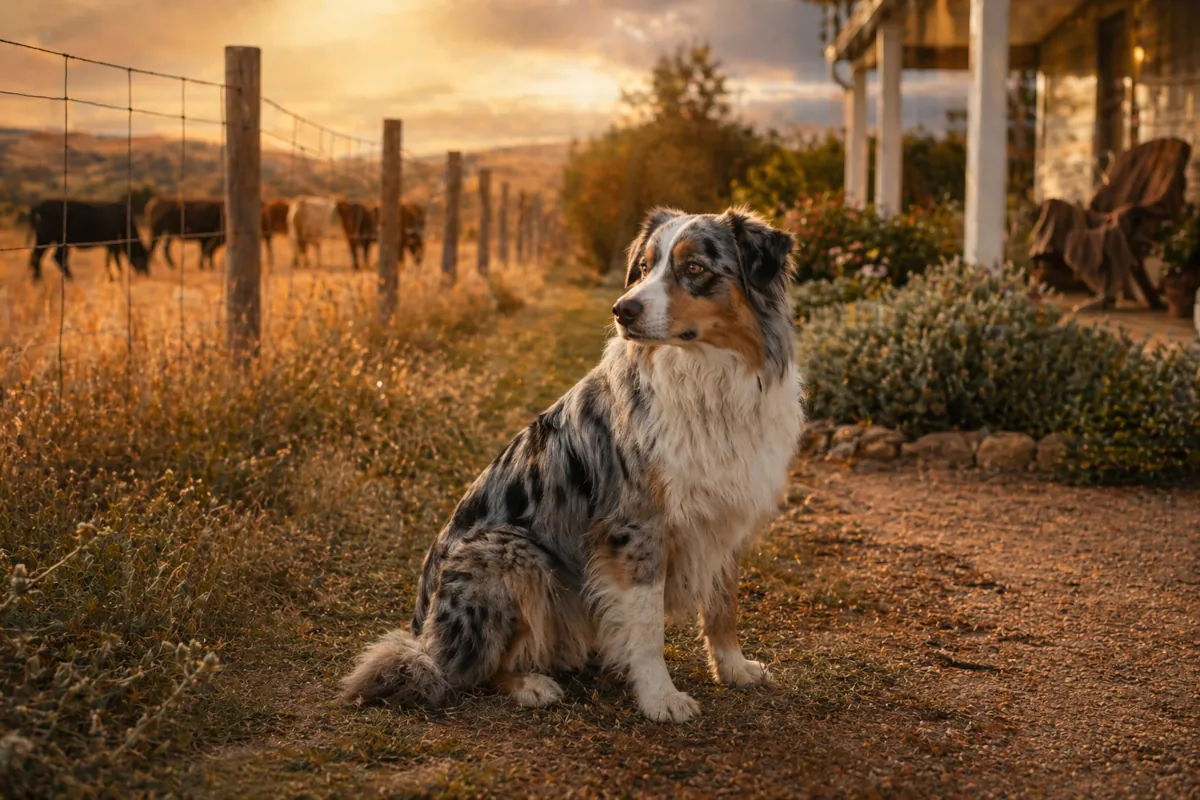 Immagine editoriale dedicata al passaggio dal Working Aussie al Pastore Australiano moderno. Un Australian Shepherd blue merle è seduto tra due mondi: da un lato il recinto, il pascolo e il bestiame sullo sfondo; dall’altro la casa, il portico e il giardino. La scena richiama il legame tra la matrice da cane da ranch e la vita quotidiana del cane di famiglia, mettendo al centro attenzione, osservazione, partecipazione e sensibilità al contesto.