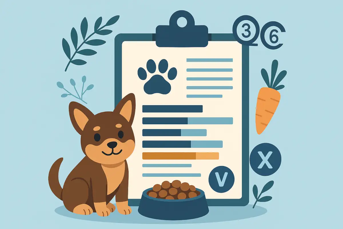 llustrazione in stile flat con un cane seduto accanto a una ciotola di crocchette e a una scheda nutrizionale, simboli di Omega 3 e 6, vitamine e ingredienti. L'immagine rappresenta la valutazione della qualità delle crocchette e l’analisi nutrizionale completa.