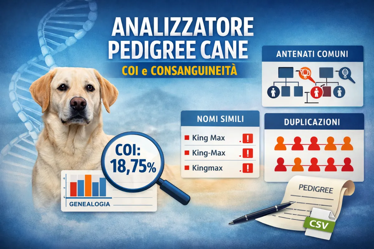 Illustrazione grafica di un cane con elementi visivi legati alla genetica e al pedigree, tra cui DNA, diagrammi genealogici e indicatori di consanguineità (COI), che rappresentano l’analisi della struttura genealogica nel cane.