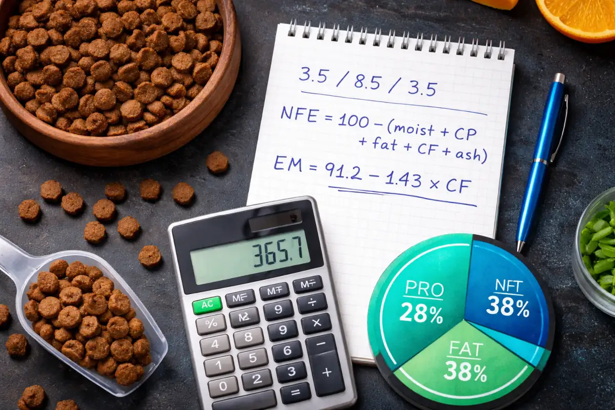 Fotografia tematica dedicata al calcolo dell’energia metabolizzabile nel cibo per cani. Sono presenti crocchette, una calcolatrice, un blocco note con formule (Modified Atwater e NRC 2006) e un grafico ad anello che rappresenta la distribuzione energetica tra proteine, grassi e carboidrati (PER, FER, CER).