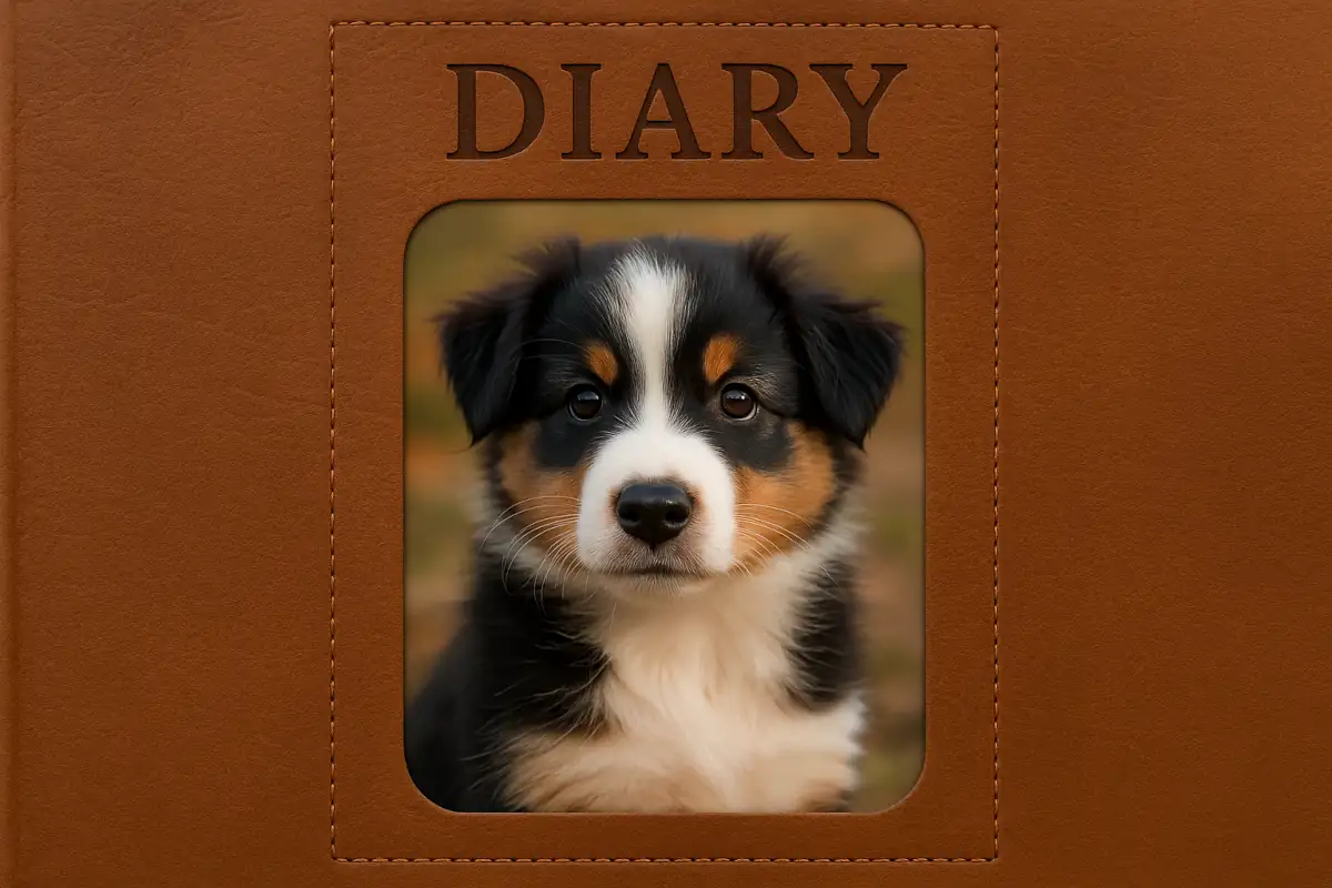 Copertina di un diario in pelle marrone con al centro la foto di un cucciolo di Pastore Australiano, seduto e ritratto in primo piano con espressione dolce.