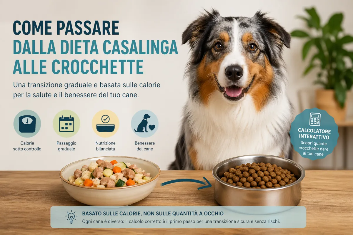 Immagine illustrativa con un Pastore Australiano accanto a due ciotole, una con dieta casalinga e una con crocchette. La grafica richiama il passaggio graduale basato sul calcolo delle calorie e sull’uso di un calcolatore interattivo.