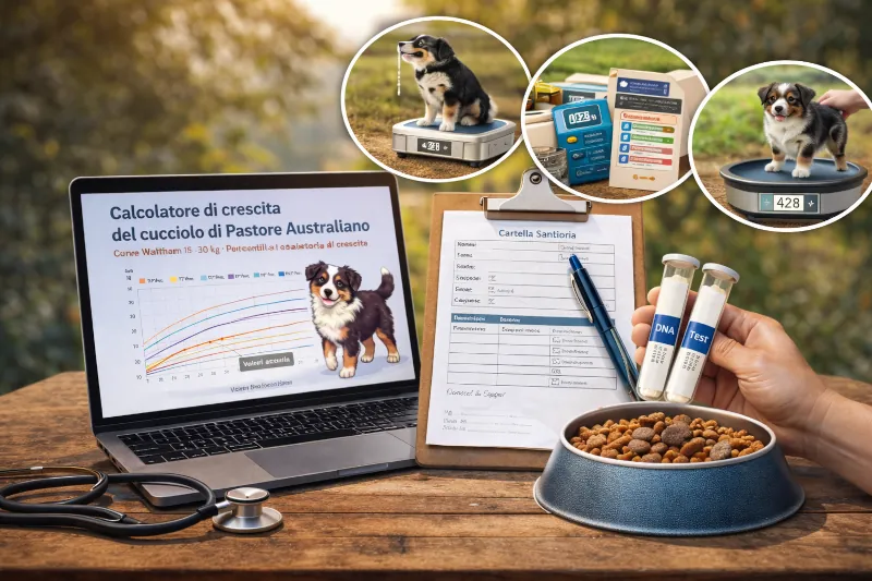 Immagine di strumenti digitali e materiali utilizzati per la gestione del Pastore Australiano, come calcolatori di crescita, schede sanitarie, test genetici e alimentazione, a rappresentare un approccio pratico e informato.
