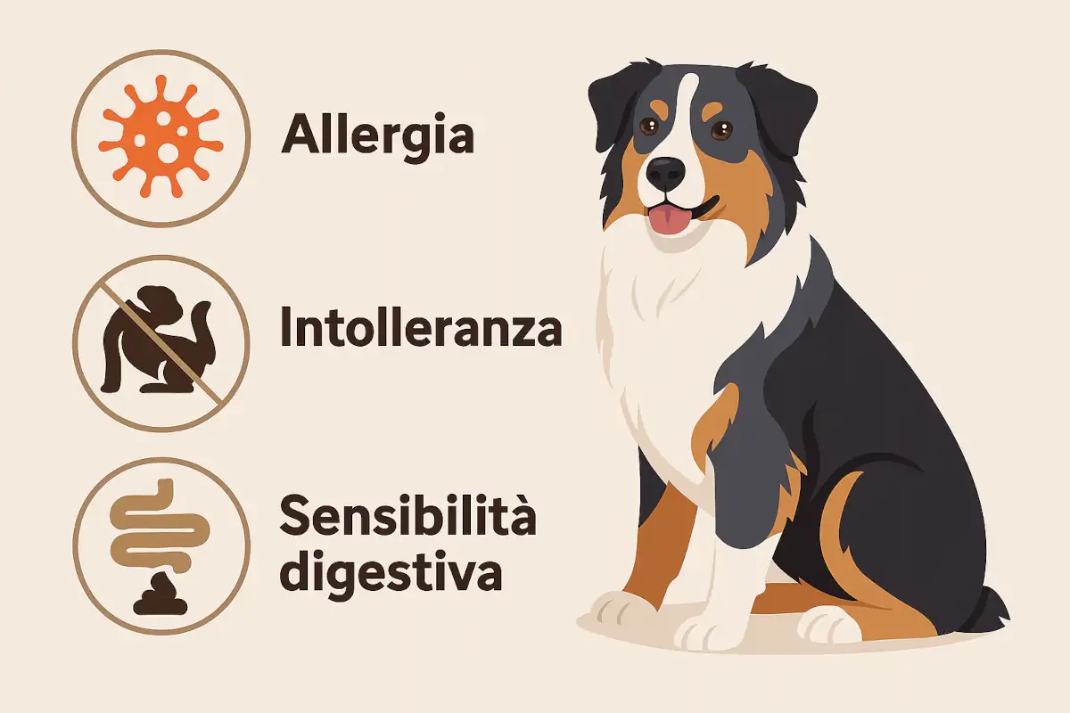 Illustrazione didattica di un Australian Shepherd accanto a tre icone che rappresentano allergia, intolleranza e sensibilità digestiva, con richiami a prurito, otiti e diarrea, senza toni allarmistici.