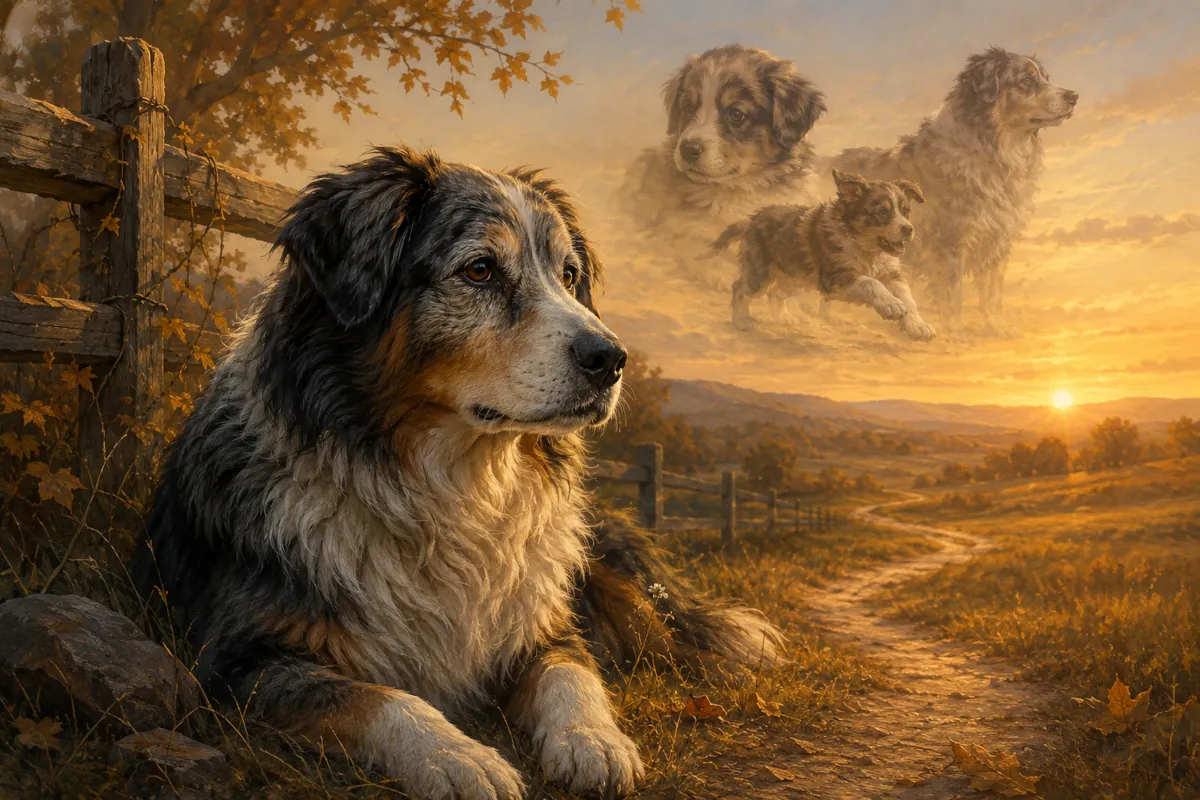 Illustrazione evocativa di un Australian Shepherd anziano disteso in un paesaggio rurale al tramonto. Sullo sfondo compaiono, come ricordi, le diverse età della sua vita: cucciolo, giovane e adulto. L’immagine accompagna l’articolo sulla longevità dell’Australian Shepherd e richiama il tema del tempo, della memoria e dell’invecchiamento nella razza.