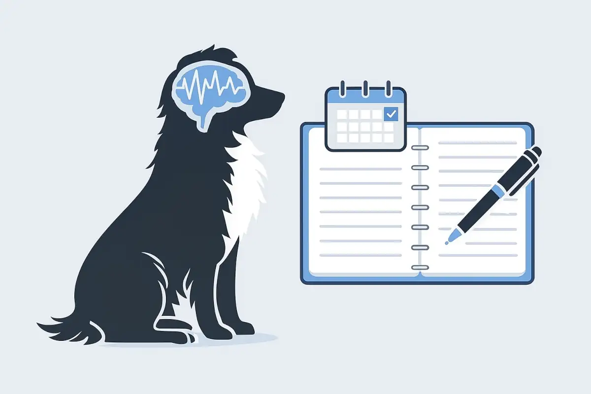 Silhouette di un Australian Shepherd di profilo con un’icona di cervello stilizzato e onde cerebrali, accanto a un diario clinico con calendario e annotazioni, su sfondo chiaro.