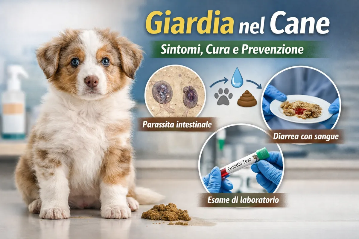 Immagine illustrativa di un cucciolo di cane con riferimento alla giardia, con elementi grafici che rappresentano il parassita, i sintomi intestinali e la diagnosi tramite esame di laboratorio.