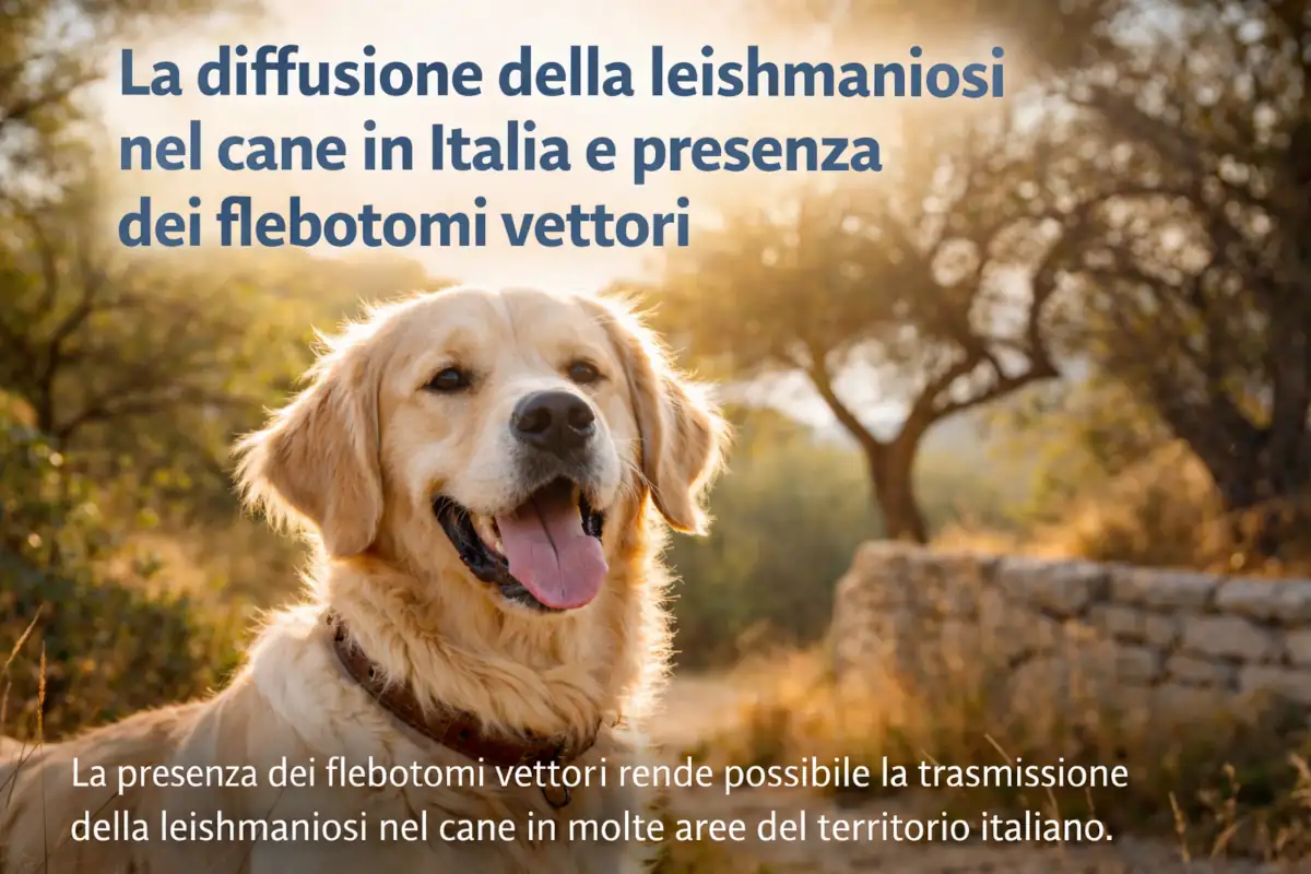 Illustrazione dedicata alla diffusione della leishmaniosi nel cane in Italia, con riferimento alla presenza dei flebotomi vettori e alla distribuzione geografica della malattia.