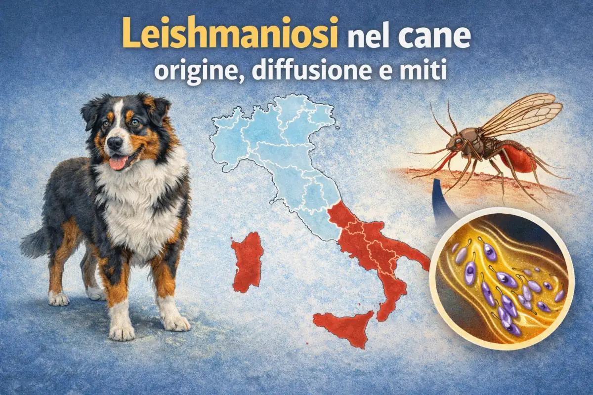 Infografica sulla leishmaniosi nel cane che mostra un Australian Shepherd, il flebotomo vettore della malattia e una mappa dell’Italia con le principali aree di diffusione.