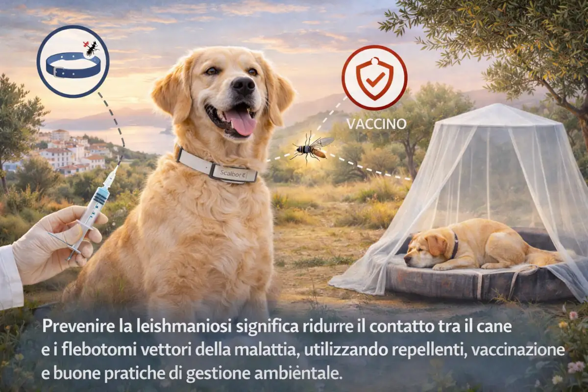 Illustrazione educativa sulla prevenzione della leishmaniosi nel cane che mostra l’uso di collari repellenti, vaccinazione e protezione ambientale per ridurre il contatto con i flebotomi.