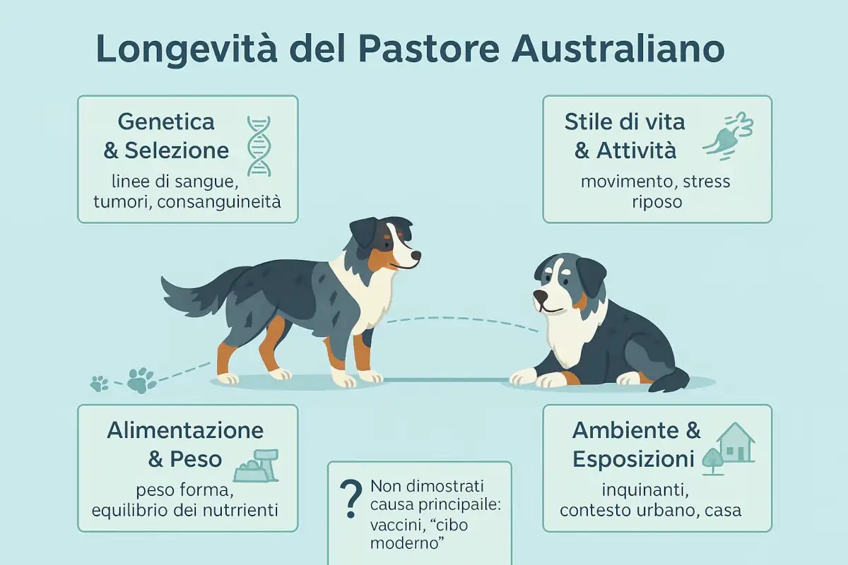 Infografica sulla longevità del Pastore Australiano con un cane giovane e uno anziano collegati da una linea del tempo. Intorno sono mostrati quattro fattori che influenzano l’aspettativa di vita: genetica e selezione, stile di vita e attività, alimentazione e peso, ambiente ed esposizioni. Nella parte inferiore è presente una nota che indica come vaccini e cibo moderno non siano dimostrati come causa principale della riduzione della longevità.