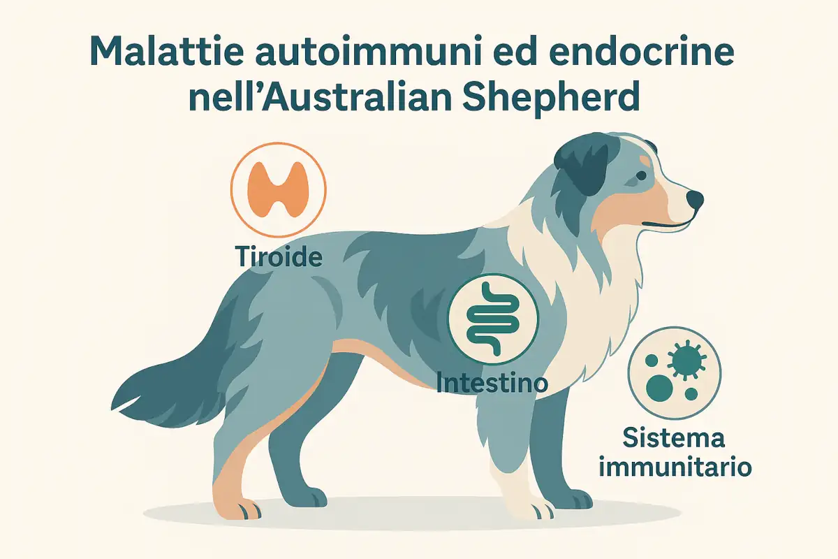 Silhouette di un Australian Shepherd di profilo con tiroide, intestino e sistema immunitario evidenziati con icone semplici, in stile illustrato e non allarmistico.