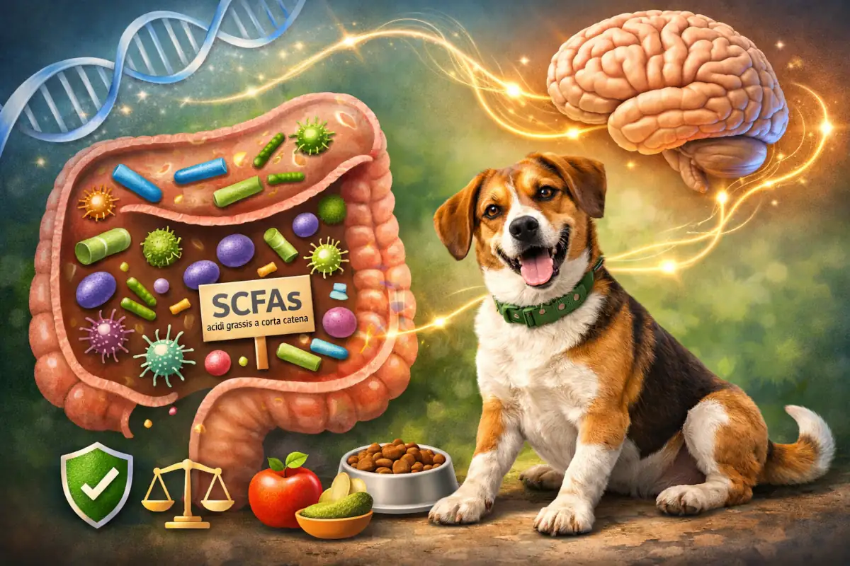 Illustrazione concettuale del microbiota intestinale del cane: l’intestino con le principali popolazioni microbiche, la produzione di acidi grassi a corta catena (SCFA) e la connessione intestino–cervello. L’immagine rappresenta il ruolo del microbiota nell’equilibrio digestivo, immunitario e comportamentale del cane, evidenziando l’importanza della stabilità alimentare e dei tempi biologici nel riequilibrio intestinale.